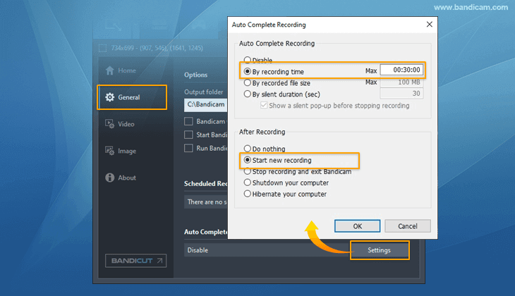 Auto Complete Recording Use auto complete recording, Bandicam